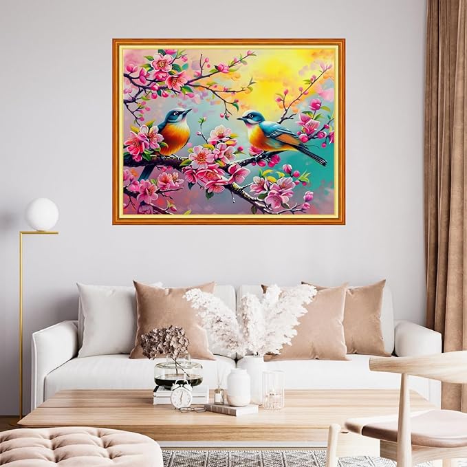 Funchey Stamped Cross Stitch Kits, DIY Cross Stitch Pattern for Adults Beginners Needlepoint Kits Embroidery Kit Arts and Crafts 11CT-Pink Peach Blossom Bird 16x20 inchs