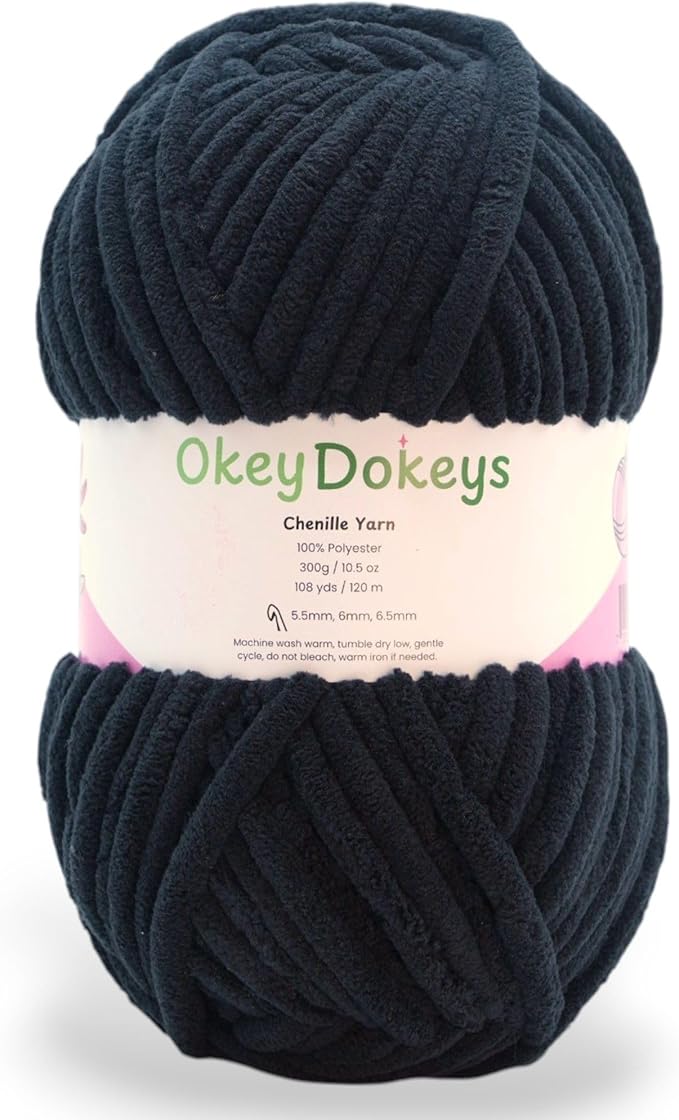 Okey Dokeys 300g Jumbo Velvet Chenille Yarn 7 Jumbo – Plush, No-Fray, Durable Plushies, Posh Soft Crochet Projects Beginner Friendly (130 yds) (Phantom Black (110), 1 Pack (17.90/Skein))