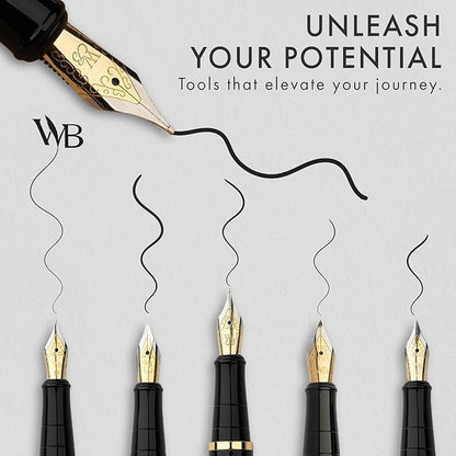 Wordsworth & Black Fountain Pen Gift Set, Includes Ink Bottle, 6 Ink Cartridges, Refill Converter, 4 Replacement Nibs, Premium Package, Journaling, Calligraphy, Smooth Writing Pens [Silver Gold]