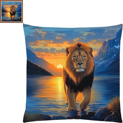 Lovxvouy Pillow Cross Stitch Kits for Adults Beginners-Preprinted Needlepoint Kit Stamped Crossstitching Kits 11CT Cross-Stitch Kit Stitches Kit Embroidery Kits-Sunrise Lion18x18 inchs