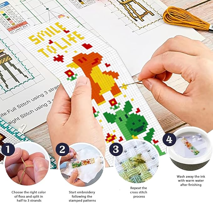 ORIGACH 6 Set Dinosaurs and Aliens Cross Stitch Bookmark Kit for Beginner with Backing Felt Floss Instructions DIY Stamped Embroidery Bookmark Kit for Adults, Book Lovers