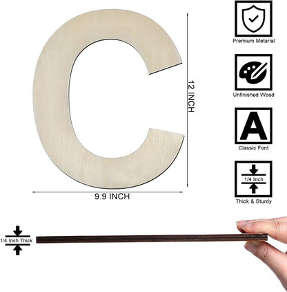 12 Inch Wooden Letter C, 1/4 Inch Thick Large Unfinished Wood Letter for Home Wall Decor, DIY Crafts