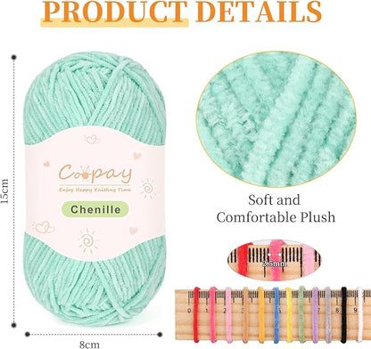 Coopay Skinny Chenille Yarn for Crocheting and Knitting, 12 Pack of 50g/1.76oz - 1764yd Total, Soft Velvet Yarn of Baby Weights - Suitable for Baby Blankets, Plush Toys - Super Soft (Green Gradient)