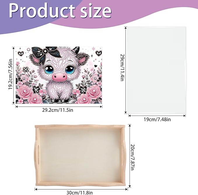 JISHSHAY Diamond Art Serving Tray Diamond Painting Food Tray Gem Art Serving Platter Gem Painting Mosaic Kits for Adults DIY Kits for Adults, with Wood Handle 20×30cm/7.87×11.81in, Cow Cattle