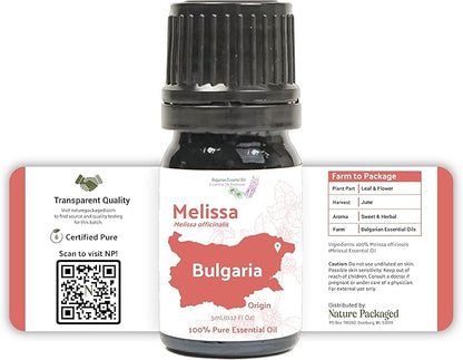 Nature Packaged Melissa Essential Oil - Direct from Bulgarian Sustainable Farms - Steam Distilled - Aceite Toronjil for Aromatherapy, Massage, Diffuser, DIY Candle and Soap Making - 5ml