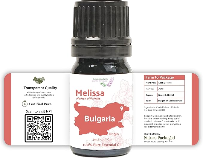 Nature Packaged Melissa Essential Oil - Direct from Bulgarian Sustainable Farms - Steam Distilled - Aceite Toronjil for Aromatherapy, Massage, Diffuser, DIY Candle and Soap Making - 8oz