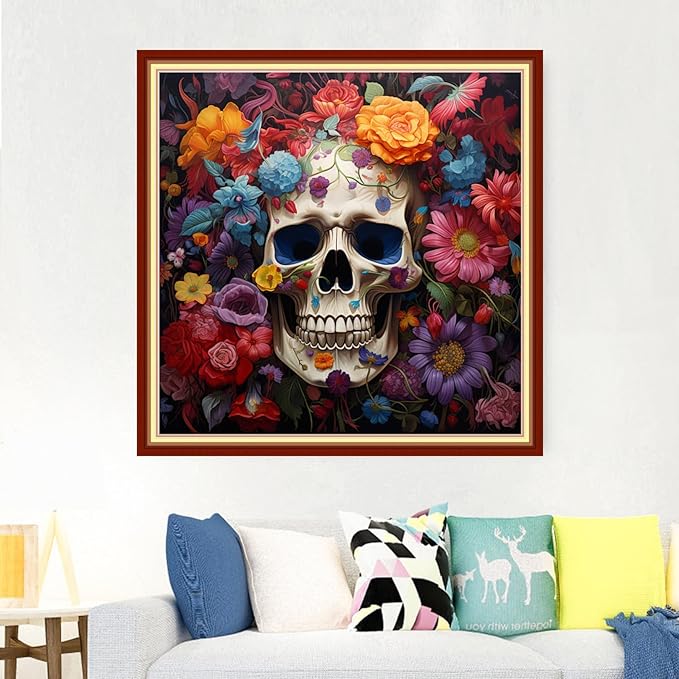 Foxdiviy Stamped Cross Stitch Kits Full Range of Embroidery Needlework Starter Kits for Beginners Adults 11CT Embroidery Patterns Art Crafts DIY Needlepoint Kits-Colorful Skull 18x18 inch