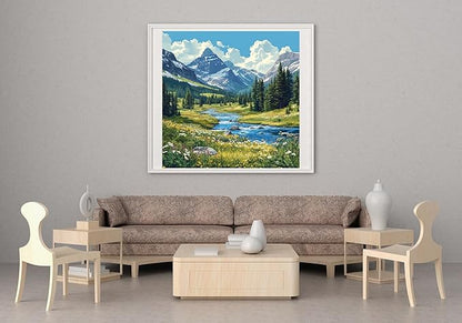 Moohue 14ct Counted Cross Stitch Kits for Adults Mountains River Flowers Printed Stamped Cross Stitch Patterns Kits Cross Stitch Supplies (Mountains River Flowers)