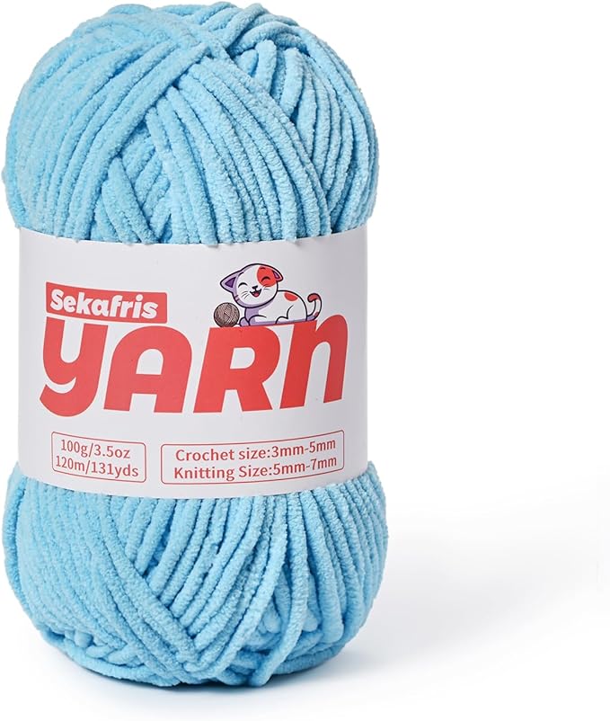 Plush Chunky Chenille Yarn for Crocheting, Soft Fluffy Velvet Yarn for Crocheting, Fuzzy Baby Blanket Knitting Yarns, 100g/131yds Bulky Amigurumi Yarns（Azure Blue）