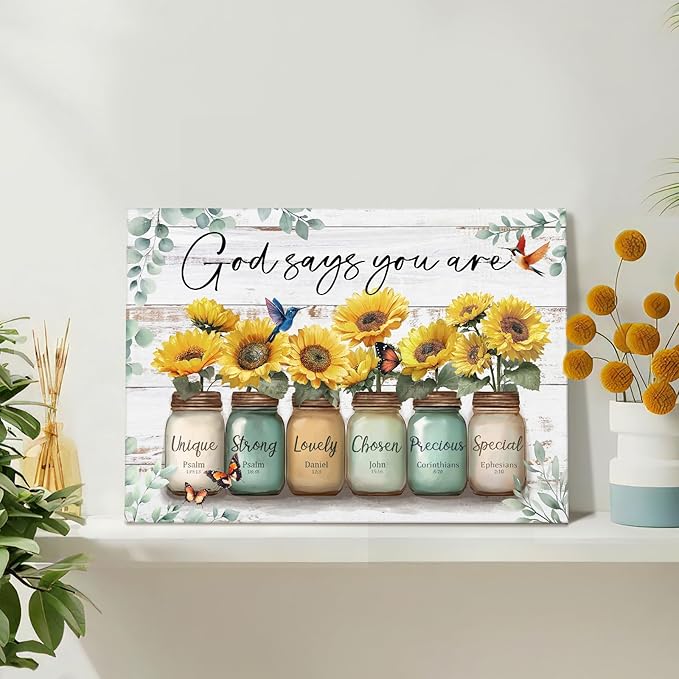 WENGTIAO Christian Sunflower Canvas Wall Art Print God Says You Are Picture Bible Verse Poster Inspirational Scripture Painting Mason Jar Flower Wall Decor Quotes Artwork for Living Room Bedroom 16x24 inch
