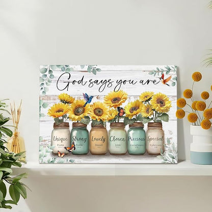 WENGTIAO Christian Sunflower Canvas Wall Art Print God Says You Are Picture Bible Verse Poster Inspirational Scripture Painting Mason Jar Flower Wall Decor Quotes Artwork for Living Room Bedroom 16x24 inch