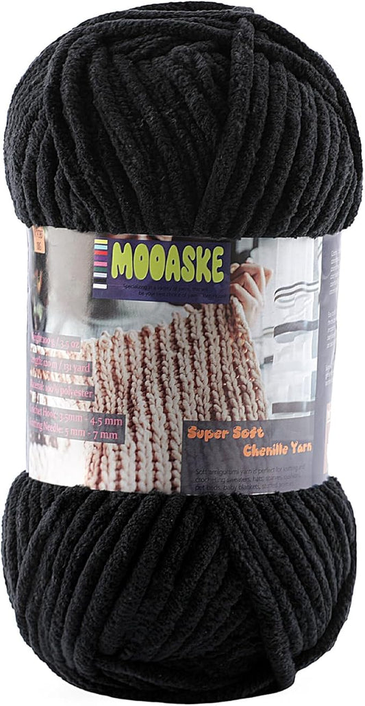 Baby Blanket Yarn for Crocheting - Soft Velvet Fluffy Chenille Yarn for Knitting Amigurumi Making Scarves, Doll - 100g/3.5oz 131 Yards Thick Plush Yarns (1, Black)