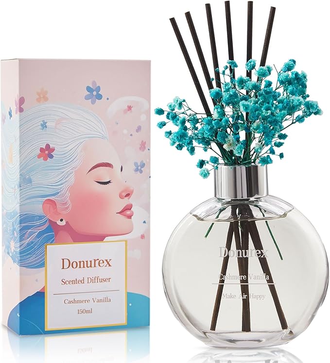 Donurex Flower Reed Diffuser Set 5.07oz Cashmere Vanilla Scent Diffuser with Sticks Home Fragrance Reed Diffuser for Bathroom Shelf Decor