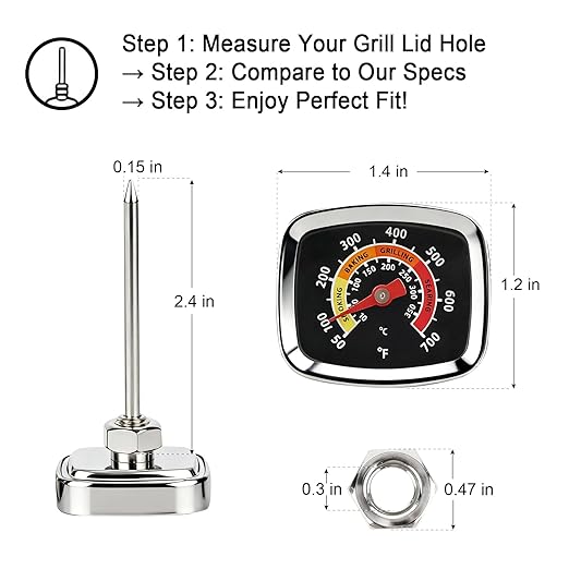 CloudHand Mini Custom Grill Thermometer BBQ Thermometer for Grill Smoker Temperature Gauge for Meat Cooking Port Lamb Beef, Small Stainless Steel Temp Gauge, Black CloudHand