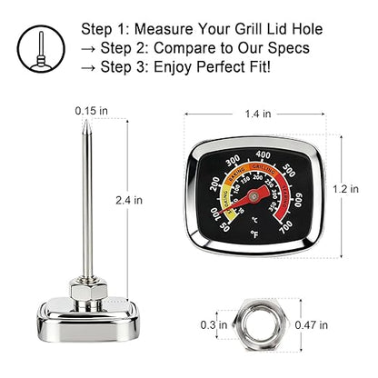 CloudHand Mini Custom Grill Thermometer BBQ Thermometer for Grill Smoker Temperature Gauge for Meat Cooking Port Lamb Beef, Small Stainless Steel Temp Gauge, Black CloudHand