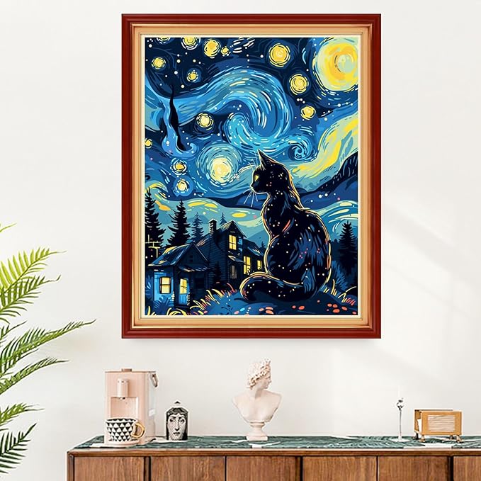Funart Stamped Cross Stitch Kits for Beginners Full Range of Cross Stitching Preprinted Embroidery Kits for Adults, 11CT Embroidery Pattern Needlepoint Kits-Van Gogh Starry Cat 16x20 inchs
