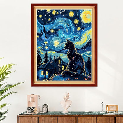 Funart Stamped Cross Stitch Kits for Beginners Full Range of Cross Stitching Preprinted Embroidery Kits for Adults, 11CT Embroidery Pattern Needlepoint Kits-Van Gogh Starry Cat 16x20 inchs