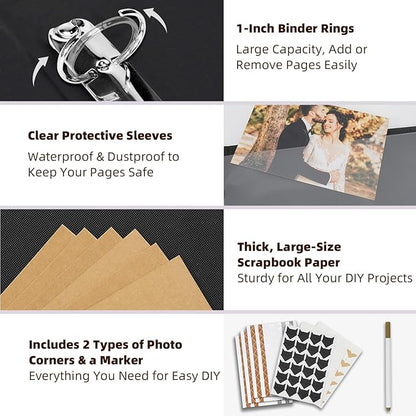 Vienrose 13x11 Inch 3 Ring DIY Scrapbook Album Gift Set, Faux Leather Cover Blank Scrapbooks Photobook with 30 Plastic Sleeves 60 Kraft Pages for Valentine Gift Wedding Family Anniversary DarkBrown