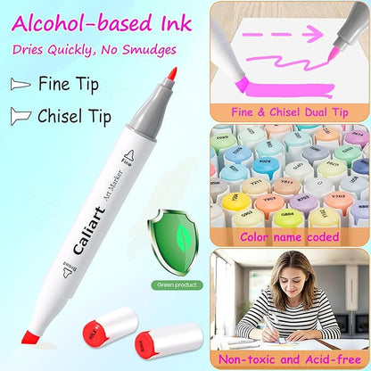 Caliart Alcohol Based Markers, 52 Colors Art Marker Set Fine & Chisel Dual Tip, Permanent Colored Pens for Adults Artists Coloring Book Illustration Sketch Lettering Drawing Cards Planner