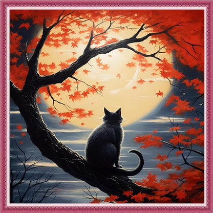 Joyhoor Cross Stitch Kits for Beginners Stamped Cross-Stitch Supplies Needlework preprint Embroidery Kits for Adults DIY Needlepoint Kits Embroidery Patterns 11CT-Cat Watching The Moon 18.x18 inch