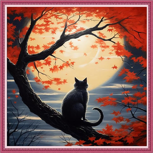 Joyhoor Cross Stitch Kits for Beginners Stamped Cross-Stitch Supplies Needlework preprint Embroidery Kits for Adults DIY Needlepoint Kits Embroidery Patterns 11CT-Cat Watching The Moon 18.x18 inch