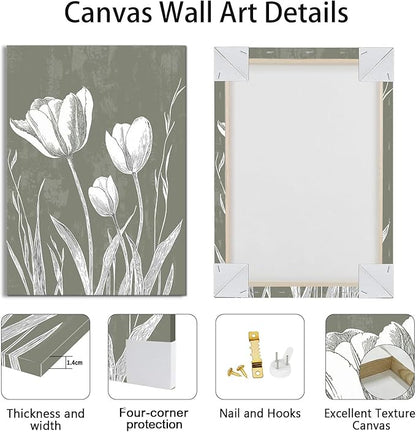 3 Pcs Boho White Flowers Botanical Canvas Wall Art Wooden Rustic Minimalist Farmhouse Floral Wall Paintings Vintage Blossom Picture Artwork Wall Decor for Bedroom Living Room Reay to Hang 12"x16"x3