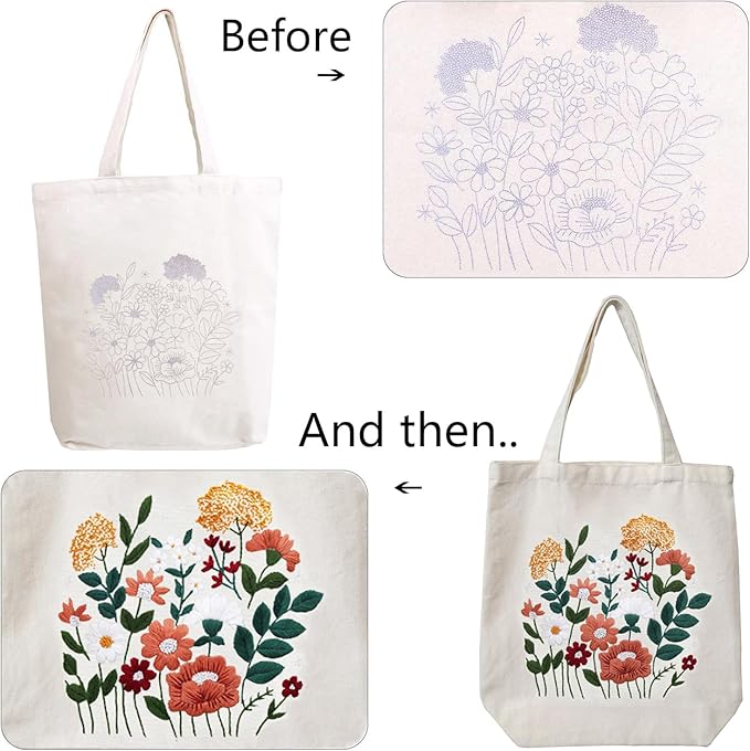 MAMUNU Canvas Tote Bag Embroidery Kit with Pattern for Beginners, Arts and DIY Crafts Kits for Adults, Include Instructions Embroidery Bag, Embroidery Hoops, Color Threads and Tool