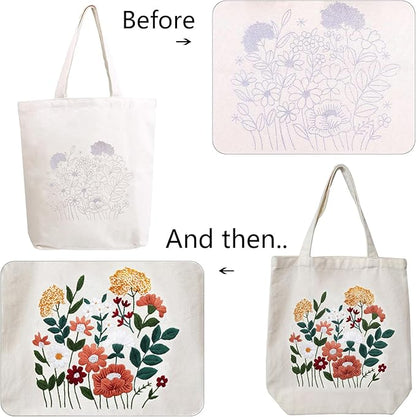 MAMUNU Canvas Tote Bag Embroidery Kit with Pattern for Beginners, Arts and DIY Crafts Kits for Adults, Include Instructions Embroidery Bag, Embroidery Hoops, Color Threads and Tool