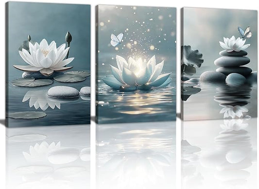 WENGTIAO 3Pcs Zen Stones Canvas Wall Art Prints Calm White Lotus Floral Bloom in Water Pictures Posters Butterfly Paintings Spiritual Meditation Artwork for Spa Yoga Living Room Bedroom Office 16x24x3