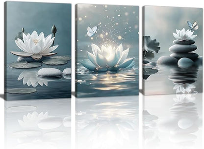 WENGTIAO 3Pcs Zen Stones Canvas Wall Art Prints Calm White Lotus Floral Bloom in Water Pictures Posters Butterfly Paintings Spiritual Meditation Artwork for Spa Yoga Living Room Bedroom Office 12x16x3
