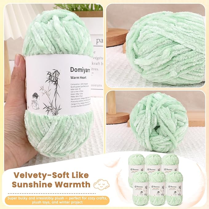 Velvet Chenille Yarn Pack – 6 Skeins × 100g Super Bulky (CYC #6) – Soft Velvet Chunky for Crocheting & Knitting, Fluffy Chenille Yarn for Blankets, Scarves & Crafts (Light Green)