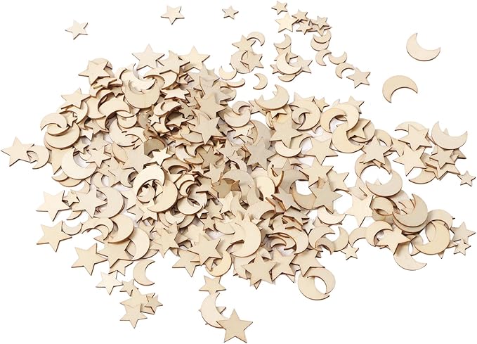 1000Pcs Wood Moon Star Cutout Slices Unfinished Star and Moon Shape Wood Cutouts for DIY Craft
