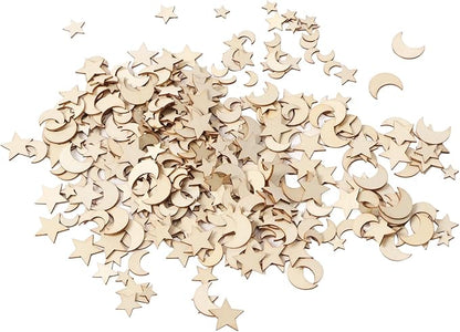 1000Pcs Wood Moon Star Cutout Slices Unfinished Star and Moon Shape Wood Cutouts for DIY Craft