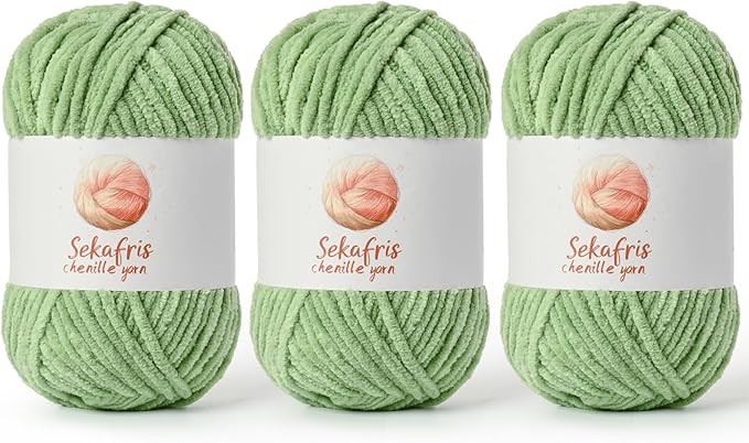 3 Pack Avocado Green Chunky Chenille Yarn for Crocheting, Bulky Velvet Yarns for Crochet, Baby Yarn for Crocheting Soft Blanket, 393 yds/10.5 oz Fluffy Amigurumi Crochet Yarn