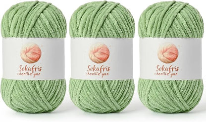 3 Pack Avocado Green Chunky Chenille Yarn for Crocheting, Bulky Velvet Yarns for Crochet, Baby Yarn for Crocheting Soft Blanket, 393 yds/10.5 oz Fluffy Amigurumi Crochet Yarn