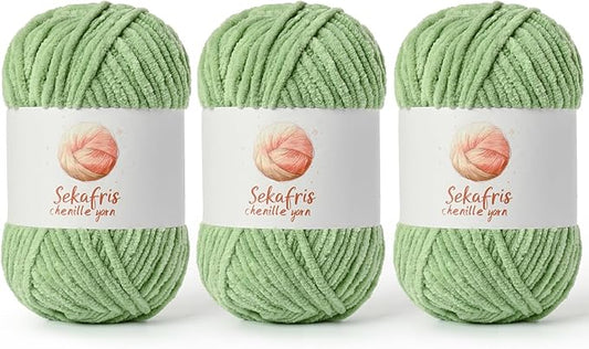 3 Pack Avocado Green Chunky Chenille Yarn for Crocheting, Bulky Velvet Yarns for Crochet, Baby Yarn for Crocheting Soft Blanket, 393 yds/10.5 oz Fluffy Amigurumi Crochet Yarn