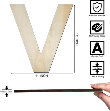12 Inch Wooden Letter V, 1/4 Inch Thick Large Unfinished Wood Letter for Home Wall Decor, DIY Crafts