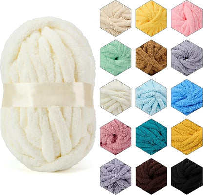 ERLYEEN Chenille Chunky Yarn Super Bulky Soft Thick Fluffy Jumbo Giant Washable Polyester Big Yarn DIY for Arm Knit Blanket Cushion Bed Sofa Home Decor,Milk White,2.2LB