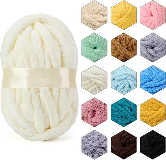 ERLYEEN Chenille Chunky Yarn Super Bulky Soft Thick Fluffy Jumbo Giant Washable Polyester Big Yarn DIY for Arm Knit Blanket Cushion Bed Sofa Home Decor,Milk White,2.2LB