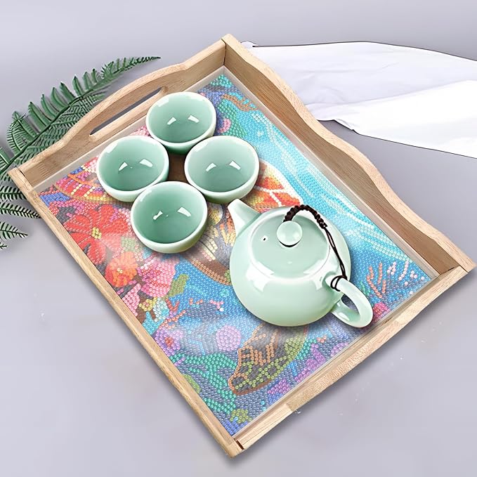 FGbaby DIY 5D Sea Turtle Diamond Painting Wood Serving Tray with Handles Diamond Art Decorative Serving Trays Wooden Tray for Breakfast in Bed, Patio, BBQ, Coffee Table, Party –Great for Lap & Couch