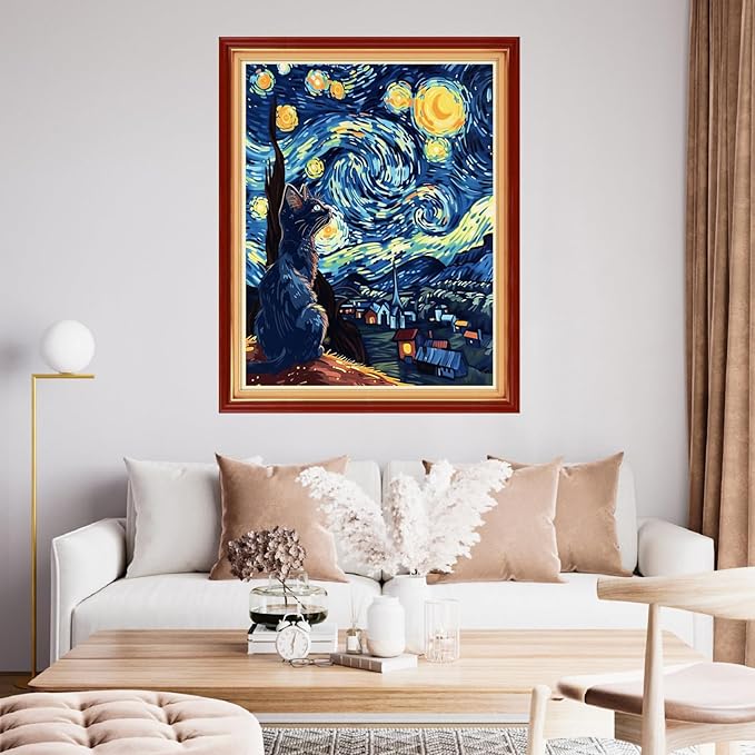 Funchey Stamped Cross Stitch Kits, DIY Cross Stitch Pattern for Adults Beginners Needlepoint Kits Embroidery Kit Arts and Crafts 11CT&Cat admires Van Gogh's Starry Sky 16x20 inchs