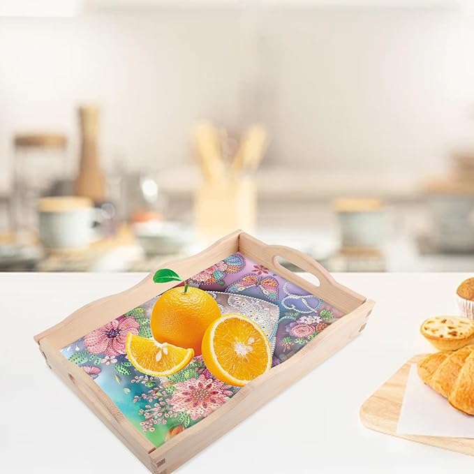 JISHSHAY Diamond Art Serving Tray Diamond Painting Food Tray Gem Art Serving Platter Gem Painting Mosaic Kits for Adults DIY Kits for Adults, with Wood Handle 20×30cm/7.87×11.81in, Envelope Flower
