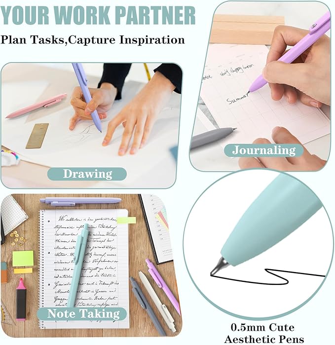 Piochoo Gel Pens,8pcs Fine Point Smooth Writing Black Ink Retractable Journaling Pens Ballpoint, Quick-Dry Cute Fidget Pens for School Supplies Office Desk Accessories