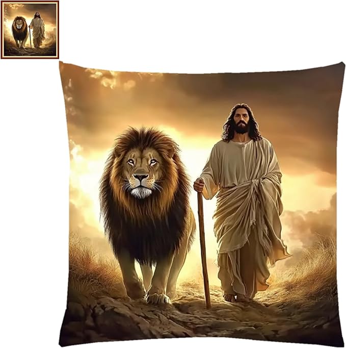 Lovxvouy Pillow Cross Stitch Kits for Adults Beginners-Preprinted Needlepoint Kit Stamped Crossstitching Kits 11CT Cross-Stitch Kit Stitches Kit Embroidery Kits-Jesus the Lion 18x18 inchs