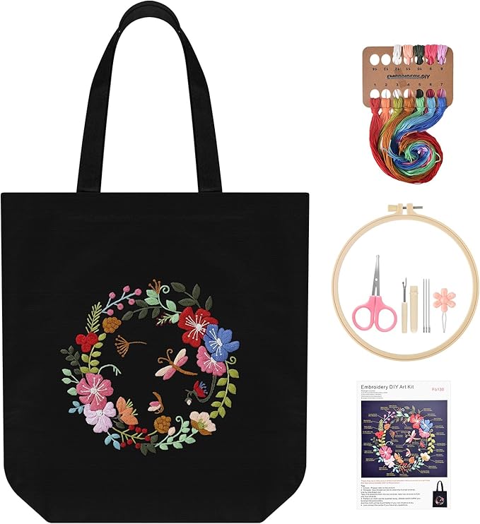 ERKOON Canvas Tote Bag Embroidery Kit for Beginners, Floral Arts Crafts Cross Stitch Kits for Adults Including Stamped Embroidery Bag with Hoops, Needle, Instruction and Color Threads(Wreath)