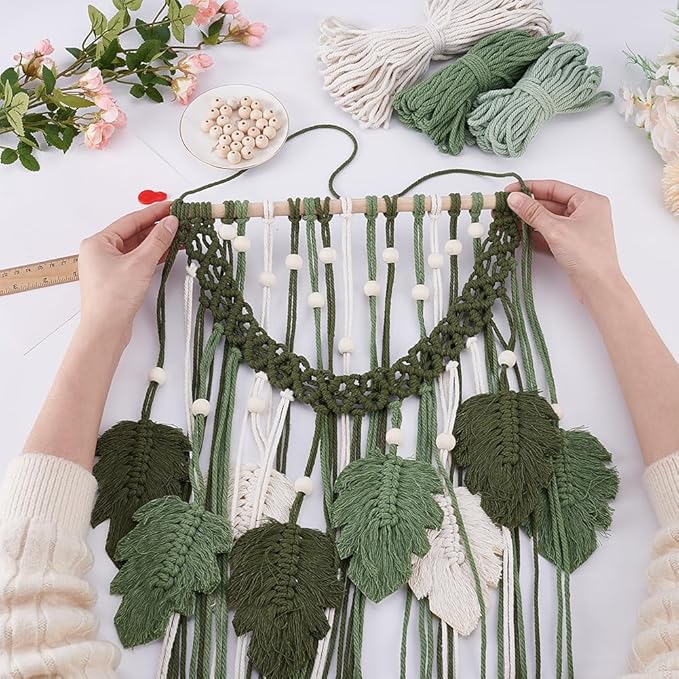 ORIGACH DIY Macrame Monstera Wall Hanging Kit for Beginner Adults, Easy Macrame Leaves Wall Hanging kit with Instruction Boho Macrame Tapestry for Living Room Bedroom Decor, Beige Green and Dark Green