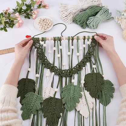 ORIGACH DIY Macrame Monstera Wall Hanging Kit for Beginner Adults, Easy Macrame Leaves Wall Hanging kit with Instruction Boho Macrame Tapestry for Living Room Bedroom Decor, Beige Green and Dark Green