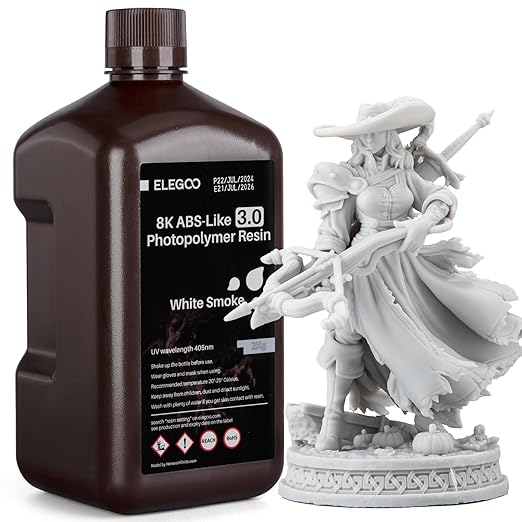ELEGOO ABS-Like 8K 3D Printer Resin 3.0, 405nm Photopolymer Resin for 12K/14K/16K Mars Saturn Jupiter MSLA DLP LCD 3D Printing with Strength and Toughness, White Smoke 2000g