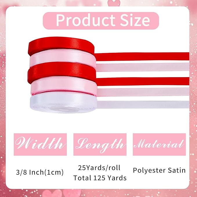 TONIFUL 5 Rolls Valentine Satin Ribbon Set - 3/8" x 25 Yards for Gift Wrapping, Crafts, Bouquet, Crafts, Bows Making, Wedding, Anniversary, Christmas Party Decoration (Red, Pink & White)