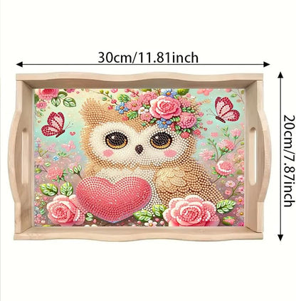 DoxQcs DIY Diamond Art Wooden Tray Kit Easter Food Tray with Handle Diamond Painted Table Decoration Tray for Breakfast Bar Dinner Table Diamond Art Painting for Beginners-#03-Owl